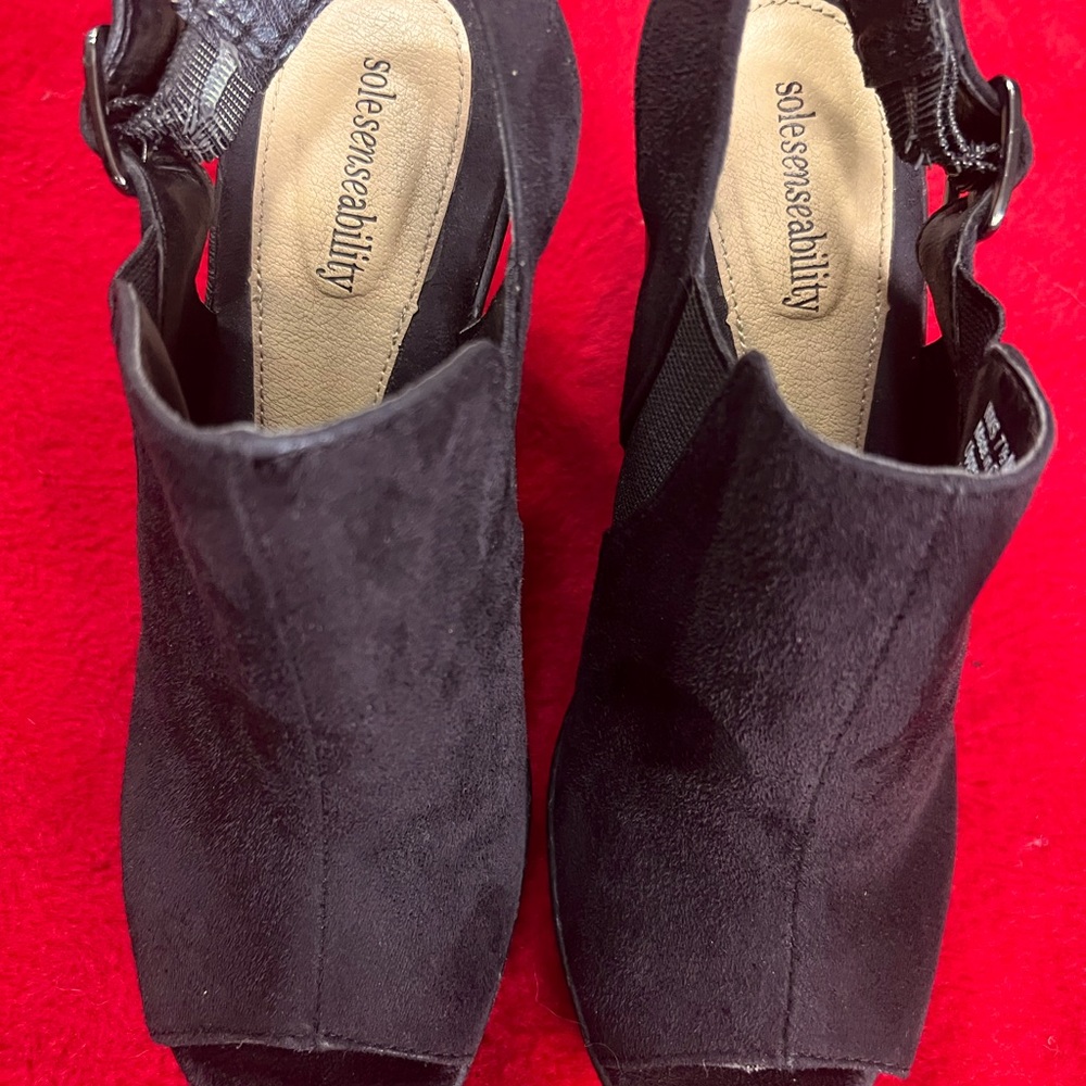 Sole Senseability Open Toe Slingback Heel Ankle Boots Black Size 7.5 Suede Like - Picture 3 of 7
